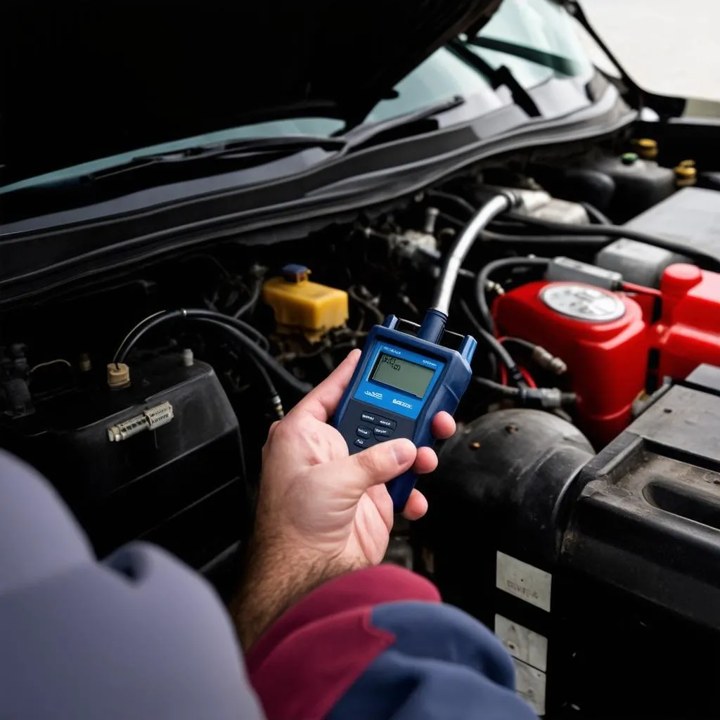 Mechanic diagnosing a Mini Cooper using an OBD scanner